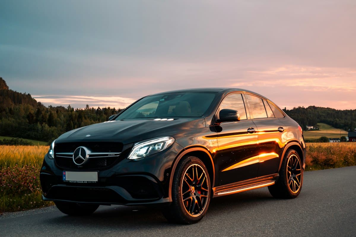 Black Mercedes-AMG GLE coupe at sunset
