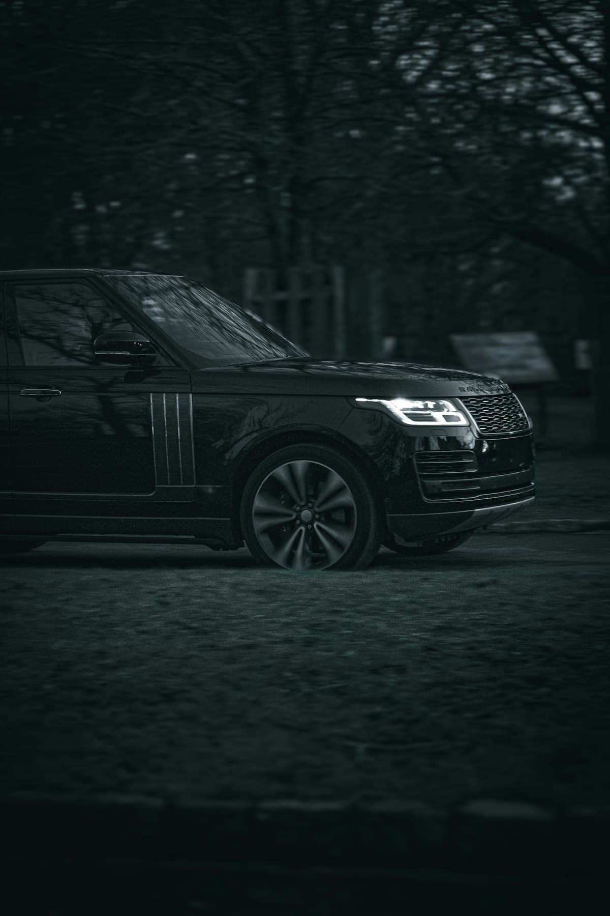 Dark Range Rover on a forest road